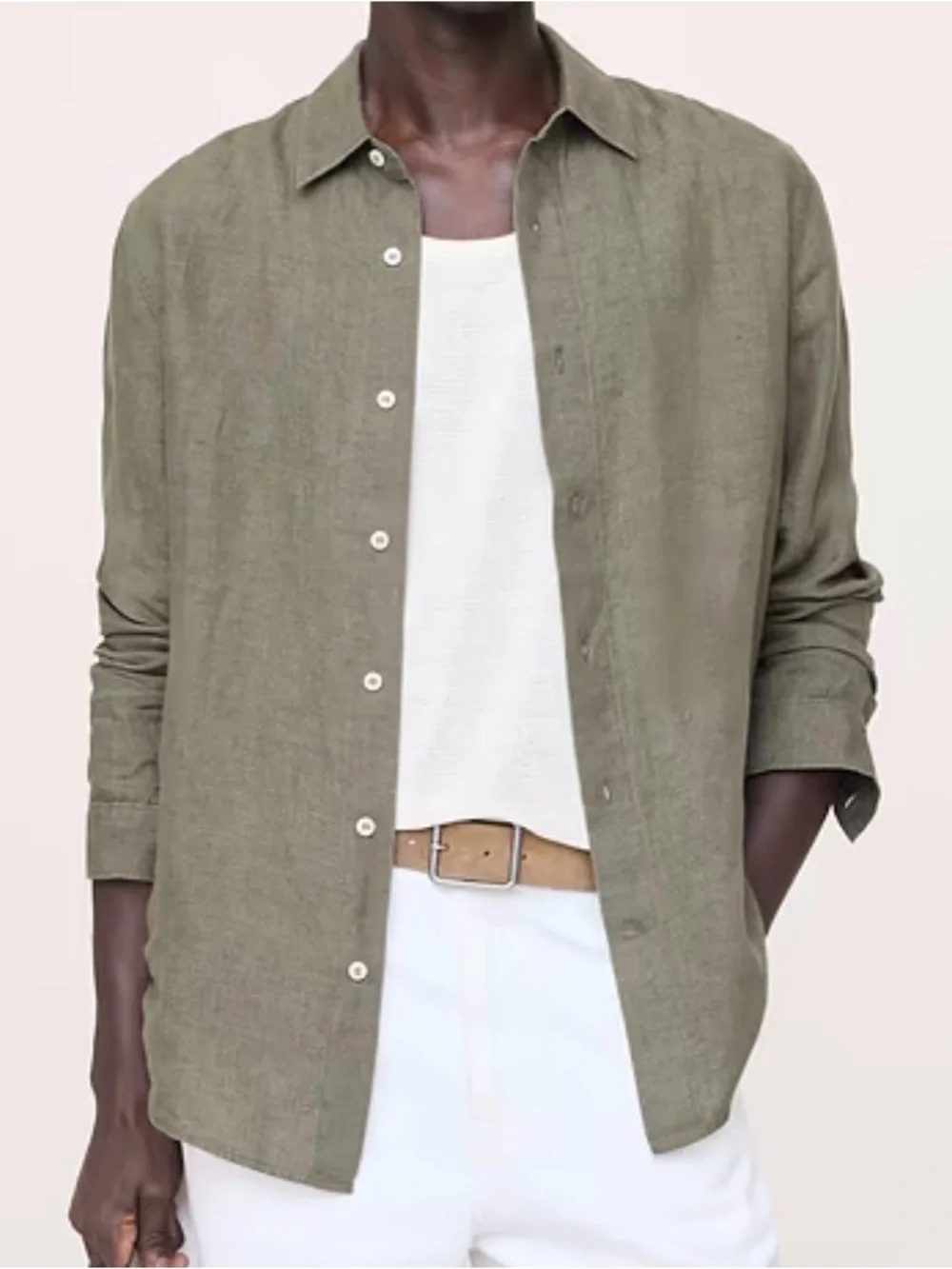 Banana Republic Men's Olive Green Linen Button-Down Shirt